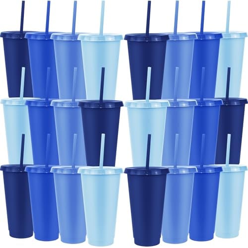 ASMIZ 24 Pcs Blue Plastic Cups with Lids and Straws, 24 oz Tumblers | Reusable Design, Travel Mug Cups for Coffee, Drinks, Wedding, Bridal Shower, Baby Shower and Birthday