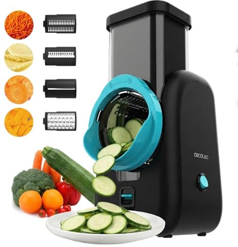 Cecotec Cortador Eléctrico de Verduras - Salad Maker - Total Blade Full Black. Procesador Alimentos, 4 Cilindros Intercambiables, Corta, Ralla y Lamina, Desmontable, Compacto, Ensaladas en Segundos