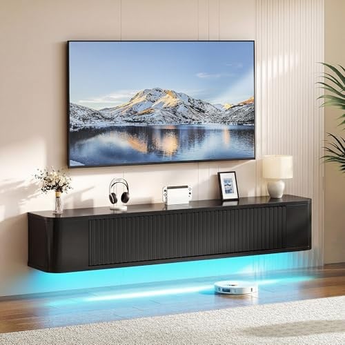 YITAHOME 140 cm Schwebender TV-Stand, Wandmontierte TV-Regale mit RGB-LED-Beleuchtung, Schwarz Hochglanz TV-Mediakonsolle, Schwebender TV-Schrank mit Großem Stauraum für Wohnzimmer und Schlafzimmer