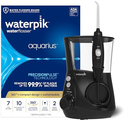 Waterpik Aquarius Water Flosser For Teeth Cleaning, Gums, Braces, Dental Care, Electric Power With 10 Settings, 7 Tips For Multiple Users And Needs, ADA Accepted, Black WP-662, Packaging May Vary