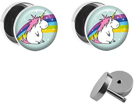 Treuheld® | Set - Dickes Einhorn mit Regenbogen - 2 Ohrstecker zum Schrauben mit Unicorn und Rainbow - Bunte Fake-Plugs mit kleinem Pony - Ø 10mm - Ohrringe Fakeplug - Edel-Stahl Ohrring mit Bild