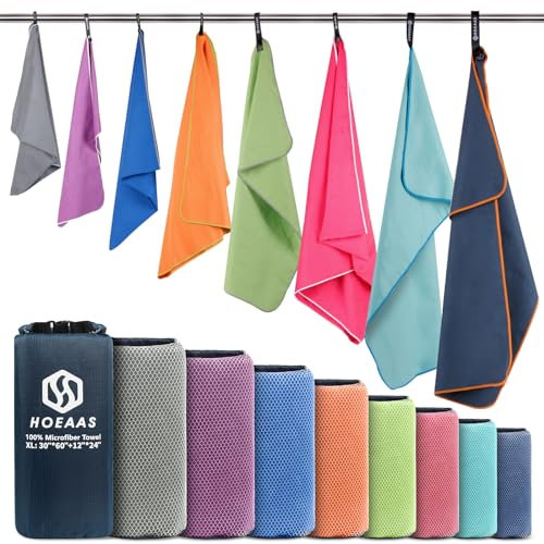 HOEAAS 2 Pack Microfiber Travel & Sports & Beach Towel-XXL(72 x32”+24 x 12”)-Lightweight, Compact, Super Absorbent,Fast Dry for Outdoor,Yoga,Camping,Gym+Buckled Carry Bag(XXL, Navy Blue)