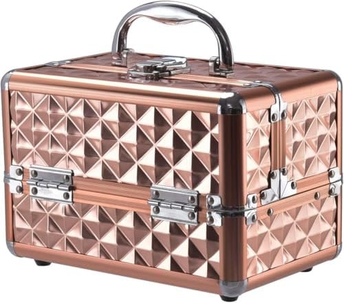 GOPLUS Kosmetikkoffer, Schminkkoffer leer mit Spiegel & 2 ausziehbare Ablagen, Makeup Oragnizer tragbar mit Tragegriff & Verschluss, Beauty Case für Reise, Friseure & Visagisten (Golden)