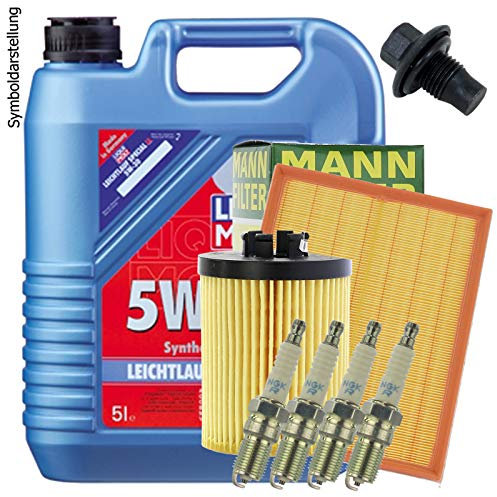 Ölwechsel Set Inspektion Servicekit 5L Liqui Moly Special Tec 5W-30 Motoröl + MANN Ölfilter + MANN Luftfilter + Zündkerzen + Öl Ablassschraube Verschlussschraube