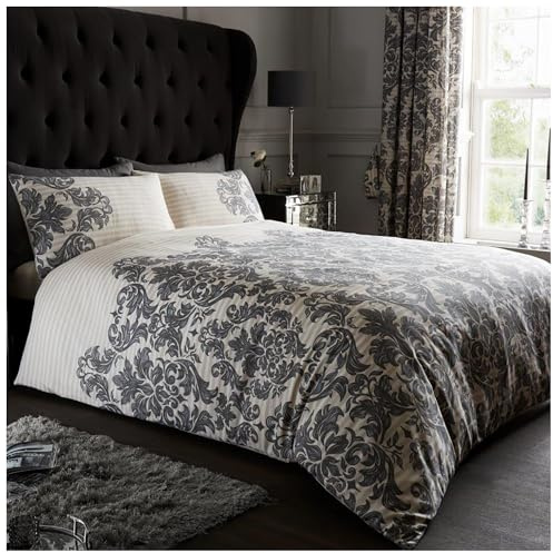 GC GAVENO CAVAILIA Printed Duvet Cover Sets, Reversible Bedding Bed Set, Polycotton Quilt Covers, Empire Damask Cream, Super King