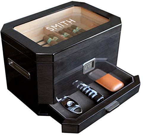 CASE ELEGANCE Großer Humidor aus schwarzem Zedernholz, Oktodor, mit digitalem Hygrometer, Befeuchtungssystem und Zubehörschublade – für 50 – 100 Zigarren