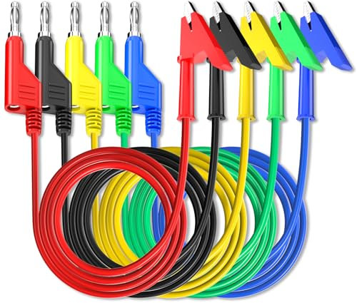 Cleqee 5PCS Stackable 4mm Banana Plug to Crocodile Clip Test Leads 3.3ft/1m Soft Flexible Cable Wire Alligator Clip Test Clamp for Electrical Testing 5 Colours