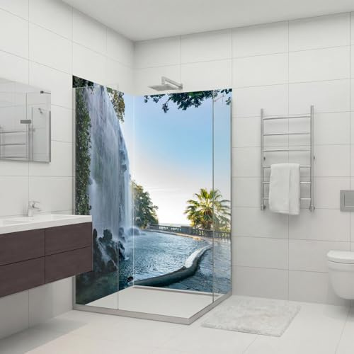 Dedeco 2x Premium Bad Duschrückwand mit Motiv: Wasserfall V11, 90x200cm, wasserfest, hochwertig fugenlose Wandverkleidung aus 3mm-Alu-Verbundplatte, Fliesenersatz ohne Bohren, Made in Germany