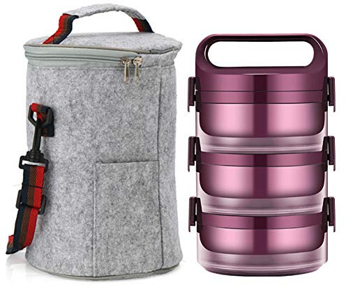 Q&Z Termo Para Comida,Alimentos Calientes Contenedor Aislado Para Adultos NiñOs Y BebéS Acero Inoxidable Fiambrera TéRmica Para Comida Sopa,Púrpura,3 layers + bag