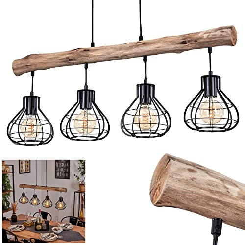 HOFSTEIN Pendelleuchte Gainesville, Hängelampe aus Metall/Holz in Schwarz/Natur, 4-flammig, 4 x E27, Hängeleuchte mit Holzbalken in Gitter-Optik im Vintage-Design, Höhe max. 122 cm