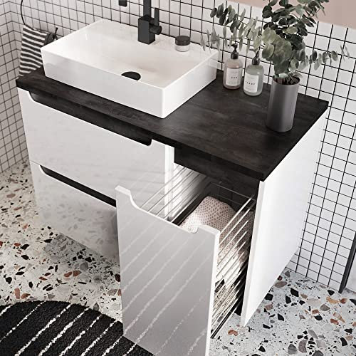 Lomadox Badmöbel Waschtisch Set mit 48cm Keramik-Waschbecken, Hochglanz weiß,Waschtischunterschrank mit 2 Softclose-Schubkästen, Unterschrank mit Wäschkorbauszug, B/H/T 90/72,5/46 cm