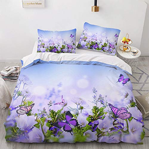 Luowei Bettwäsche Blumen 135x200cm Lila Blüten Schmetterling Vintage Floral Bettbezug und 1 Kissenbezug 80 x 80cm Weiche Microfaser Bettwäsche Set für Einzelbett