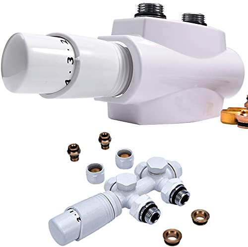 Multiblock mit Thermostat, Hahnblock Eck und Durchgangsform für Radiatoren Bad Heizkörper Mittelanschluss Ventil-Armaturen Anschlussarmatur Heizungszubehör Ventil Thermostatkopf, G1/2, G3/4, 50mm
