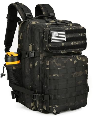 Lovelinks21 Taktischer Assault-Rucksack, 45 L, 3-Tages-Angriffspack Mit Molle, Wasserdichter Rucksack für Taktische Einsätze, Schwarz Camouflage, Large