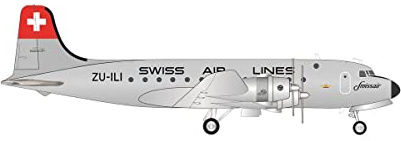 herpa Modellflugzeug Swissair Douglas DC-4 – ZU-ILI, Miniatur im Maßstab 1:200, Sammlerstück, Modell mit Standfuß, Metall, Silber, Mehrfarbig