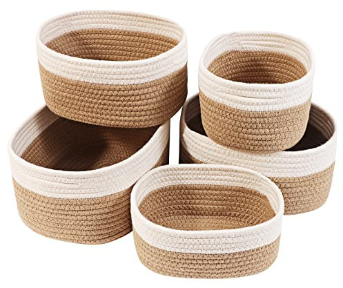 Otoomenz Woven Cotton Rope Storage Basket, 5PCS Shelf Baskets with Handles, Toy & Baby Storage Organiser, Make up & Cupboard Drawer Closet Shelf Deco (Brown)