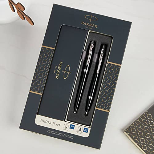 Parker IM Ballpoint & Fountain Pen Gift Set - Personalised Ballpoint Fountain - Gloss Black with Chrome Trim - Gifts for CEO, Managers, Executives