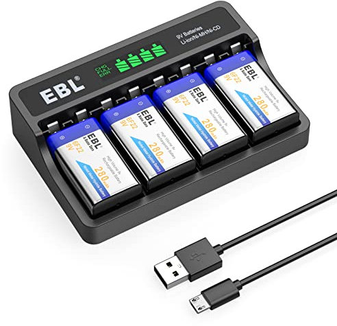 EBL Caricabatterie LCD da 9V e batterie ricaricabili da 9V Ni-MH 280mAh (4 conteggi), caricabatterie con ingresso di tipo C e micro USB