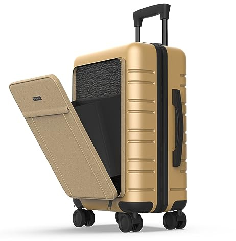 NUMADA – Handgepäck Koffer Trolley (56x37x23,5cm) UpFly T21 mit 15-Zoll-Laptopfach und TSA-Verschluss. Hartschalenkoffer mit 4 360°-Rädern und Mehreren Innenfächern | Champagne