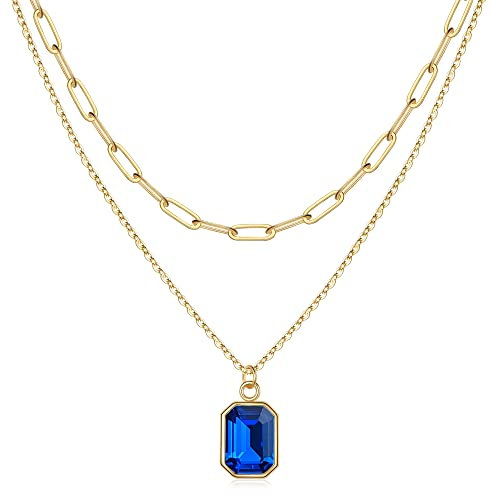 TINGN Geburtsstein Kette Damen Gold, Saphir Kette September Geburtsstein Kette Saphir Halskette Damen Gold Geburtsstein Schmuck Blau Kette Gold Geschichtet Halskette Damen Geschenke für Frauen Mädchen