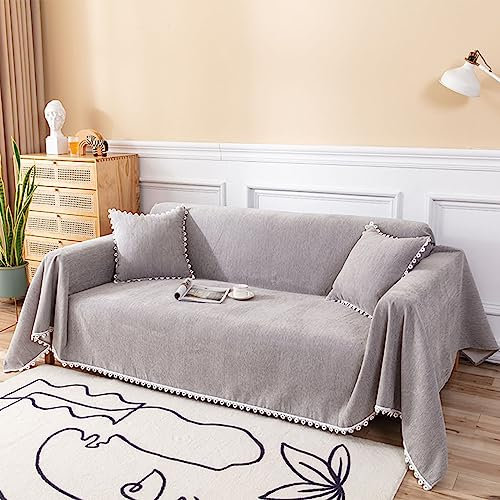Homxi Überzug Sofa 1 Sitzer,90x210CM,Couch Überzug Einfarbig mit Spitze Sofaüberwurf Chenille Handtuch Sofa Grau Sofahusse Universal
