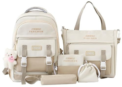 Schulrucksack Teenager mädchen Beige Schulranzen Mädchen Schulrucksack Teenager beige Schulranzen Set 5-teiliges Für Schule Freizeit(1,30 * 45 * 14cm)