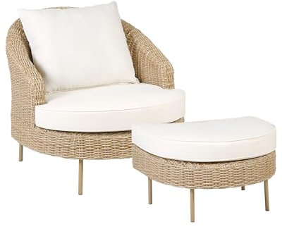 Beliani Fauteuil de Jardin avec Ottoman Repose Pieds en Rotin PE Couleur Naturelle Arcille