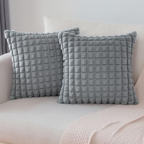 Soleebee 2er Set Plüsch Samt Kissenbezüge, Weiche Künstliche Pelz Plaid Textur Kissenbezug Sofa Zierkissenbezüge Dekokissen Kissenhülle Set für Couch Schlafzimmer Zuhause Dekor (50x50cm, Rauchgrau)