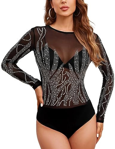 MAYFASEY Women Glitter Rhinestone Long Sleeves Sheer Mesh Bodysuits See Through Bodysuits Tops, Black, S