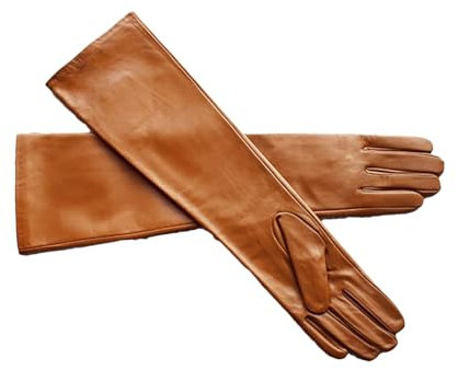 Lange Lederhandschuhe für Damen, Schaffell, dünn, über Ellenbogen, langes Fleecefutter, warme Winterhandschuhe, Gelblich-Braun, 9