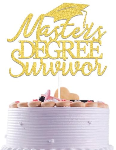 Gold Glitter Master's Degree Survivor Cake Topper - Congratulations Graduation Cake Toppers, Let the Adventure Begin, Happy Masters Degree Supplies