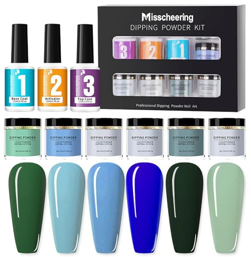 Dipping Powder Nagel Set, RoseFlower Nagelpulver Starter Set mit 6 Nude-Farben, Grün Blau Tauchpulver, Base Top Coat – DIY Salon Maniküre/French Nagelpuder Set, Hält 3 Wochen