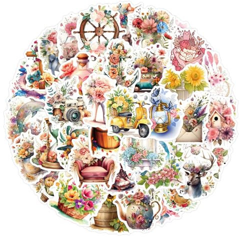 RGBEE Blumen Aufkleber 50 Stücke, Aesthetic Vintage Sticker Set Wasserfeste Klein Vinyl Sticker für Laptop Macbook Koffer Helm Motorrad Skateboard Auto Fahrrad Scrapbook Stickerbomb