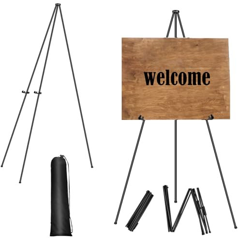 Display Easel Stand for Wedding Sign & Poster, 160cm/63'' Portable Artist Easel Display Metal Balck Easel Folding Tripod Easel for Floor, Retractable Adjustable Display Painting Easel, Easy to Fold