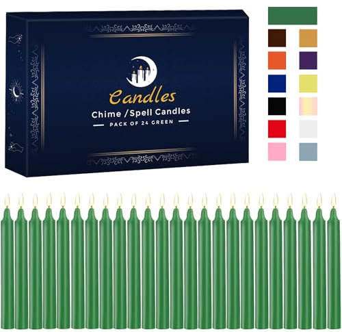 Kunrsug 24 Stück grüne Zauber-Kerzen – Premium Mini geruchlose Stabkerzen für Rituale, Gebet, Geburtstage, Meditation, Altar, Zaubersprüche, Glockenspiel – 10,2 cm hoch – ideal für Hexen