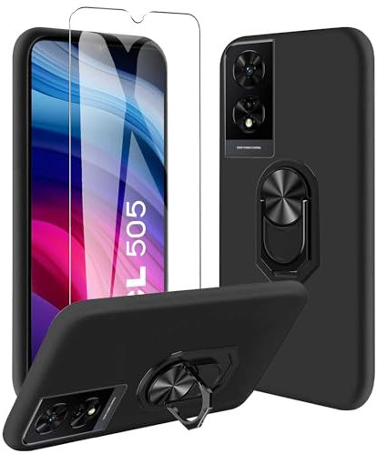 JDXHFF Coque Compatible avec TCL 505 (6.75) Noir Housse et Support Rotatif 360° et Verre trempé écran Film Protecteur - Étui Souple Silicone TPU Case Cover Black