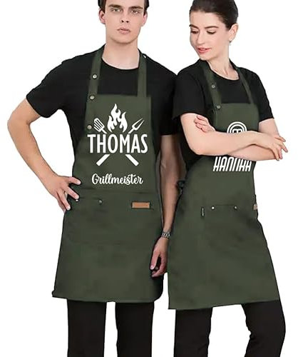 Happenings Personalisierte Schürze mit beliebigem Text - Master Chef-Schürze (Name) für Küche, Grill, Garten - Einheitsgröße - 3 Taschen - Geschenk zum Muttertag, Vatertag, Geburtstag (olive)