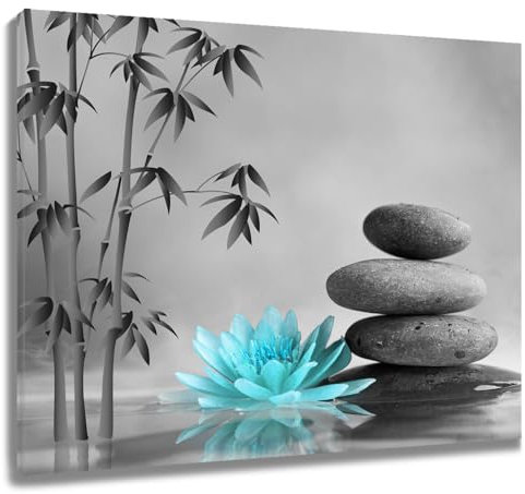LB Wandbilder Zen-Bambus Poster Graue Stein-Blaugrün-Blume Wanddruck Japanisches Spa Leinwand Bilder für Wohnzimmer Schlafzimmer Badezimmer Wand Deko,40x30cm Ungerahmt