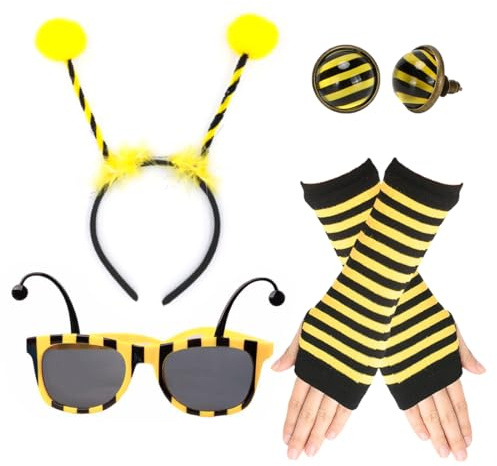 Bluelves Biene Ladybug Kostüm Erwachsene,Bienenkostüm,Marienkäfer-Kostüm,Faschingskostüme Damen,Haarreif+Ohrringe+Lange Handschuhe+Sonnenbrille,Fasching Kostüm Verkleidung