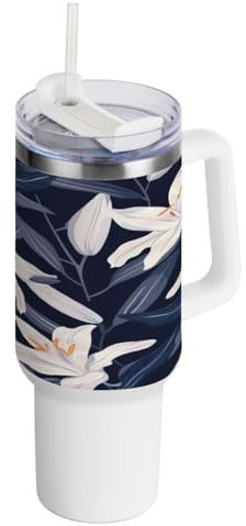 JUMBEAR Trinkbecher mit Griff und Strohhalm-Deckel, isoliert, wiederverwendbar, Edelstahl, Reisebecher, Eiskaffeebecher, schöne weiße Lilien, 1,2 l