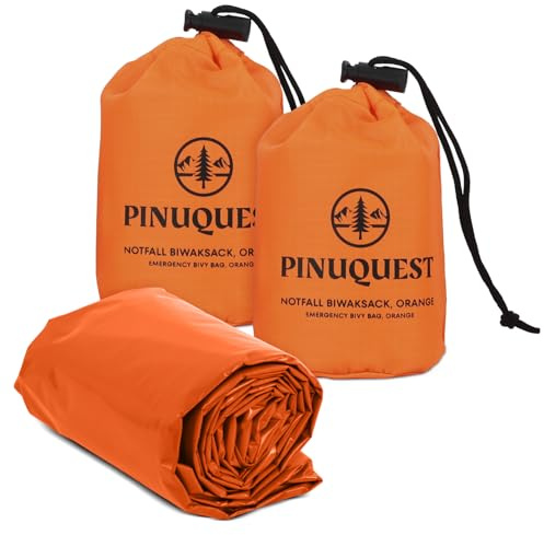 PINUQUEST Notfall Biwaksack 2er-Set grün/orange (213 × 91 cm) - Notbiwak ist Ultraleicht, wasserdicht sowie Wind-, hitze- und kälteabweisend - Notfallschlafsack ideal für Outdoor, Survival (Orange)