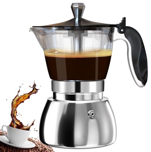 DITOSH 4 Tasse en Plastique Transparent Moka Cuisinière en Acier Inoxydable non Enrobée Espresso Cafetières Italiennes Mocha Greca Machine Café Cuisinières à Induction Classiques Home Camping 200ml