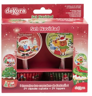 dekora - Dekoration Set zum Cupcakes Backen an Weihnachten mit 24 Cupcakeförmchen und 24 Cupcake Toppers aus Papier - Weihnachtsdeko für Cupcakes oder Muffins - Rot und Grün