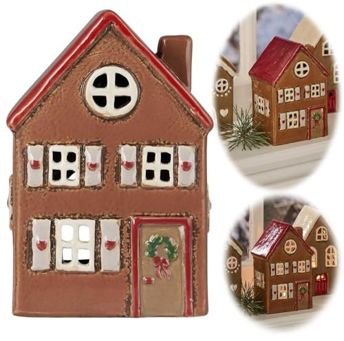 LS-LebenStil Teelichthaus Lichthaus 15cm Braun Kranz Keramik Fachwerkhaus Nyhavn Teelichthalter