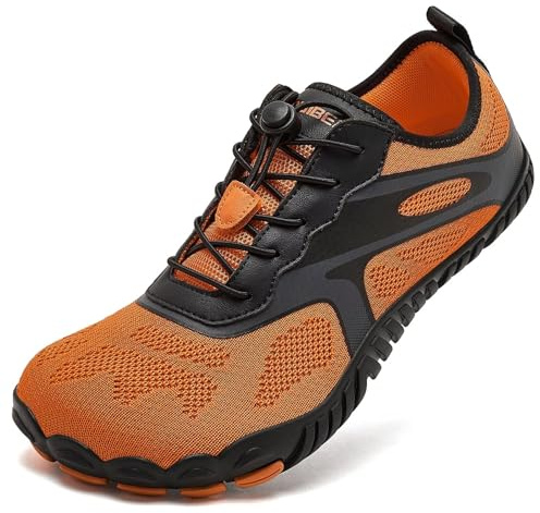 HOBIBEAR Unisex Trail Running Shoes Mens Barefoot Shoes Womens Wide Toe Minimalist Trainers Lightweight Grounding Shoes Comfortable Flexible Knit Work Out Shoes for Hiking Fitness Walking Orange
