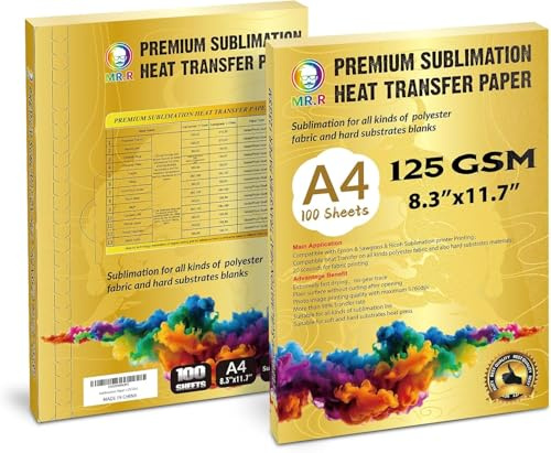 Papier transfert sublimation 125gsm A4, 100 feuilles. Convient au polyester et supports rigides, compatible imprimantes sublimation Epson et Sawgrass, rendu couleur parfait.