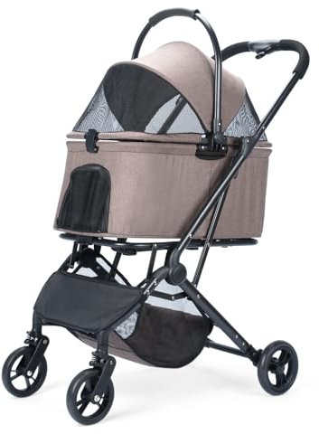 2-in-1-Hundewagen mit abnehmbarem Korb, faltbarer Welpenwagen für Hunde und Katzen, 4 Räder mit Aufbewahrungstasche, Haustierwagen mit 360° drehbaren Vorderrädern für Reisen im Freien (Kaffee)