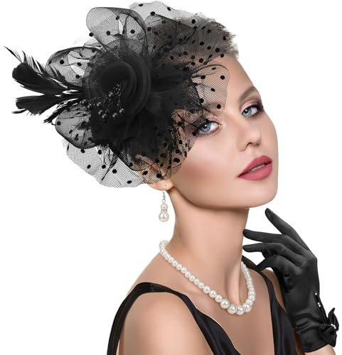 DRESHOW Fascinator Hüte für Damen Schleier Mesh Tea Party Hut Feder Pillbox Hut und Handschuhe Perlenschmuck Set für Cocktail 1920er Party Kopfbedeckung