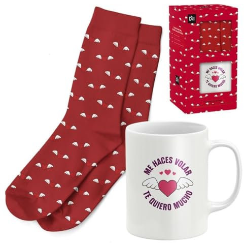 SUPERMOLON Set de Regalo San Valentín: Taza de Cerámica + Calcetines Suaves con Diseño Romántico, para Parejas Enamoradas, Regalo de San Valentín para Él y Ella, Regalo para Novios