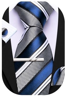 Barry.Wang Herren Seiden-Geschäftskrawatten mit Taschentuch Manschettenknopf-Streifen Plaid-Krawatten-Set Feierliche Hochzeit